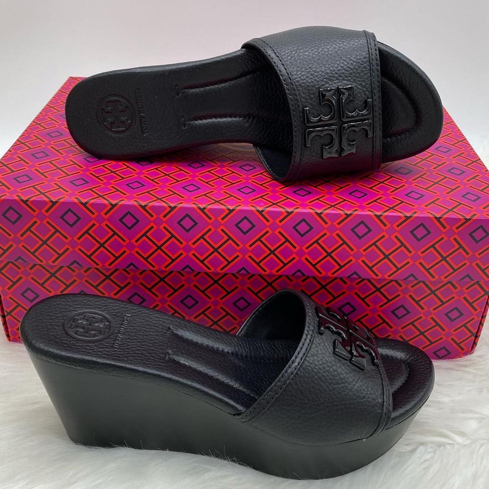 TORY BURCH LOWELL 2 80MM WEDGE SLIDE 50878 - PERFECT BLACK - SIZE US 6.5