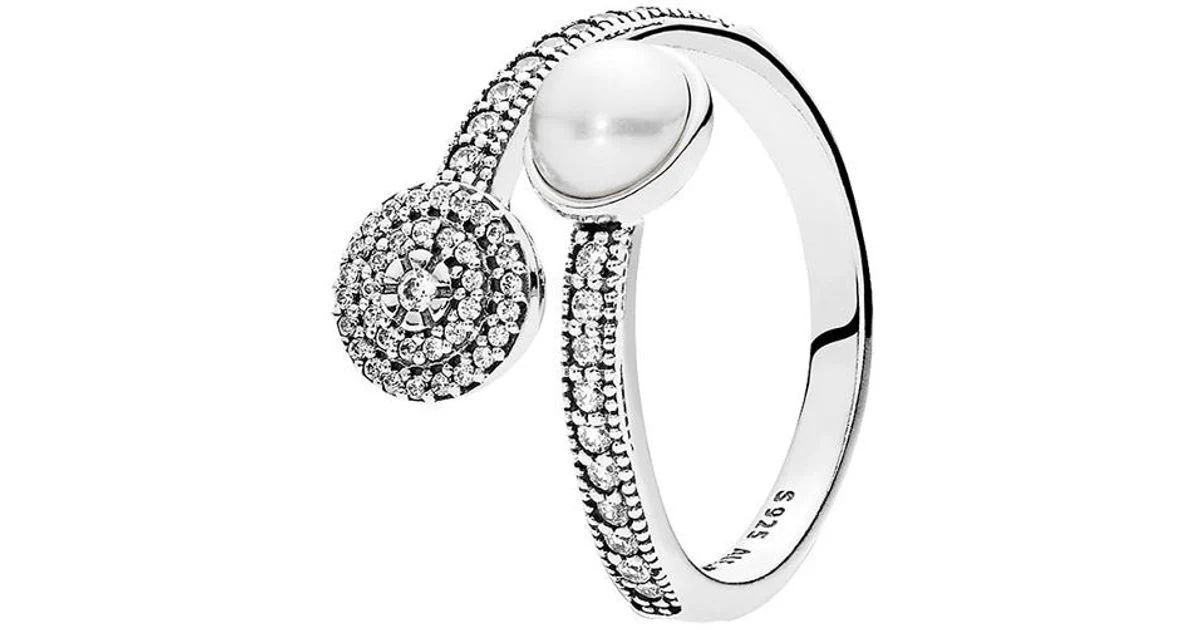 Pandora Ring - Silver - Size 50 /  Pave & White Lacquered Pearl Open 191044CZ