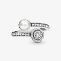 Pandora Ring - Silver - Size 50 /  Pave & White Lacquered Pearl Open 191044CZ