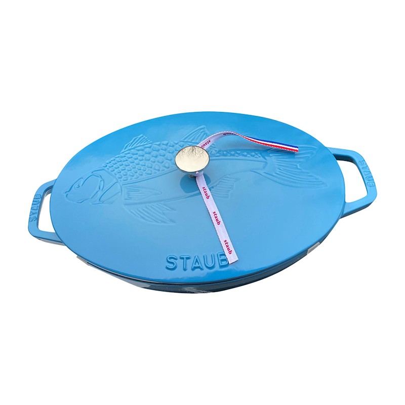 Staub Covered Dish Fish Drawing Oval 1122933370B - Ice Blue - 33cm/ 2.8Liter