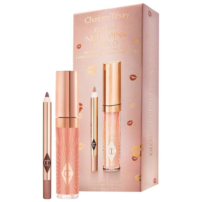 Charlotte Tilbury Glossy Nude Pink Lip Duo  - Lip Cheat Iconic Nude / Collagen Lip Bath Pillow Talk - Mini Set