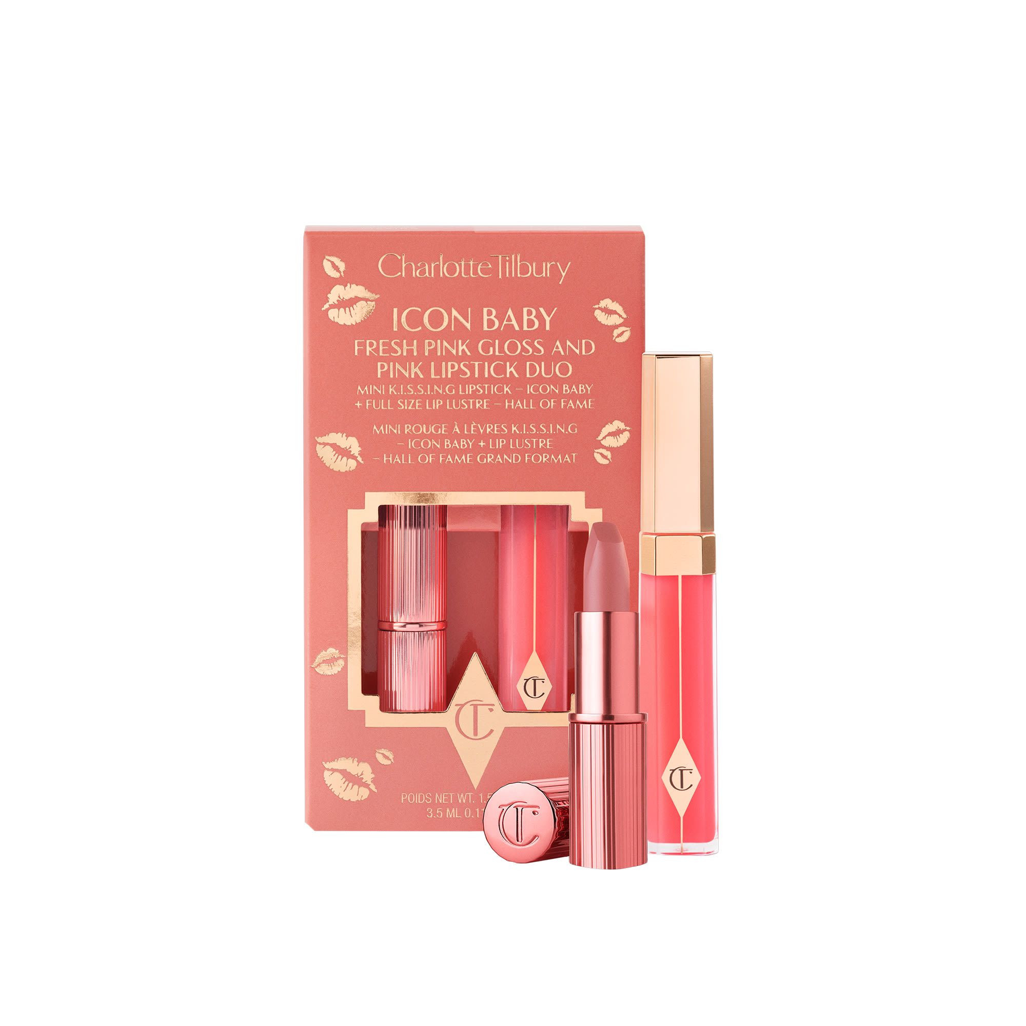 Charlotte Tilbury Icon Baby Fresh Pink Gloss & Pink Lipstick Duo - K.I.S.S.I.N.G Icon Baby (MIni Size) / Lip Lustre Hall of Fame (Full Size) - Set of 2