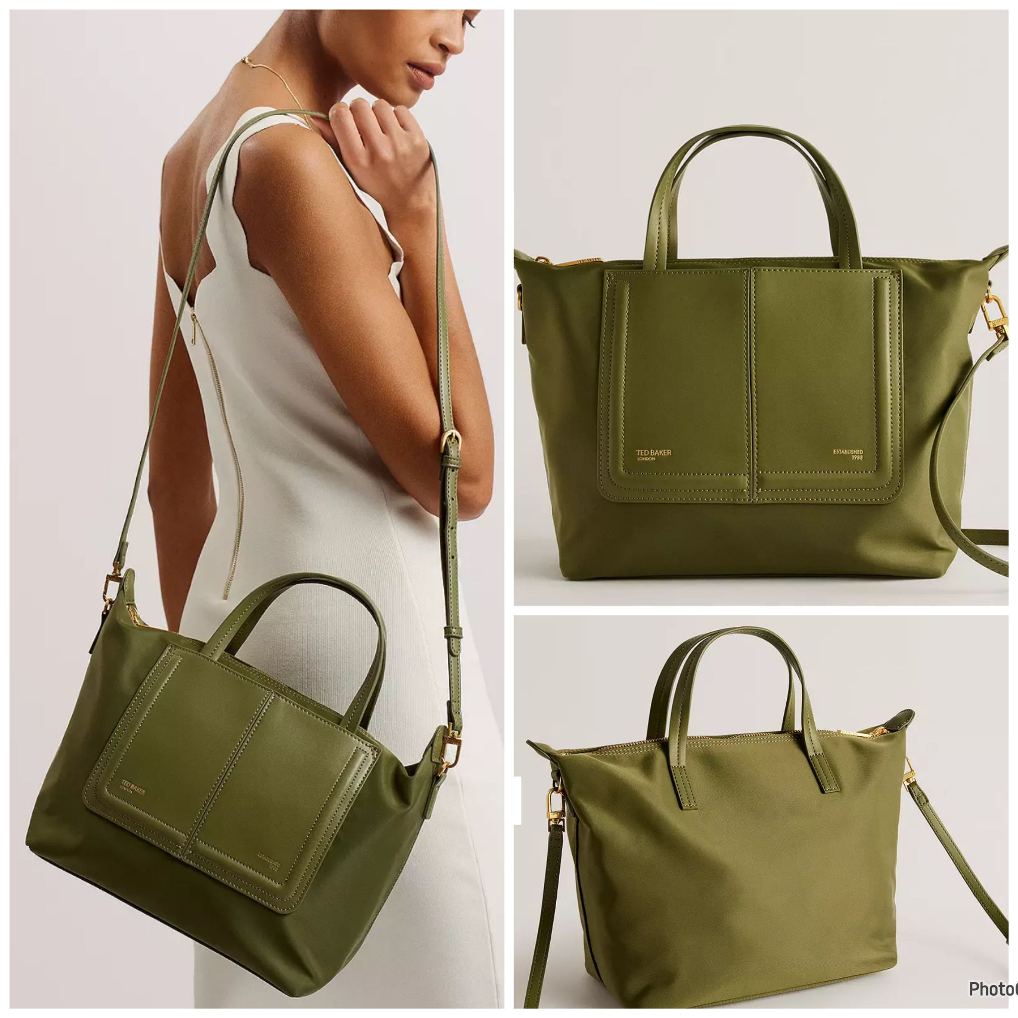 TED BAKER VOYENA SMALL TOTE BAG - DARK GREEN - H22 X W34 X D14CM