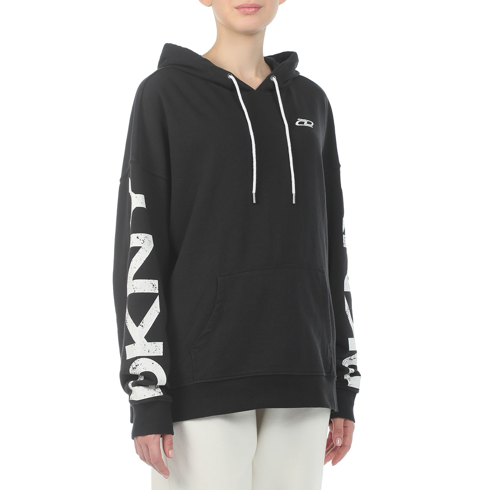 Dkny Pigment Dye Distressed Logo Hoodie Relaxed Fit - Black / DP1T8461 - Size XXS