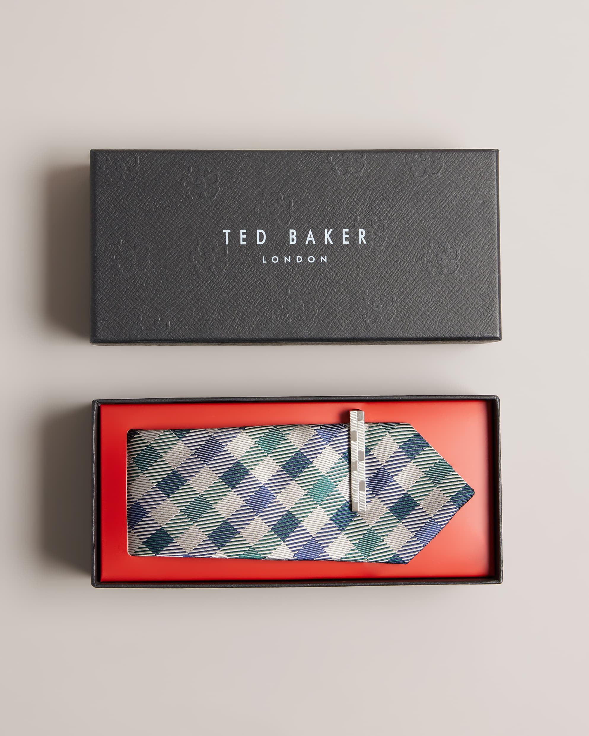 TED BAKER HOUSE CHECK  TIE & TIE BAR SET - MORYL/DK-BLUE - ONE SIZE / 264855