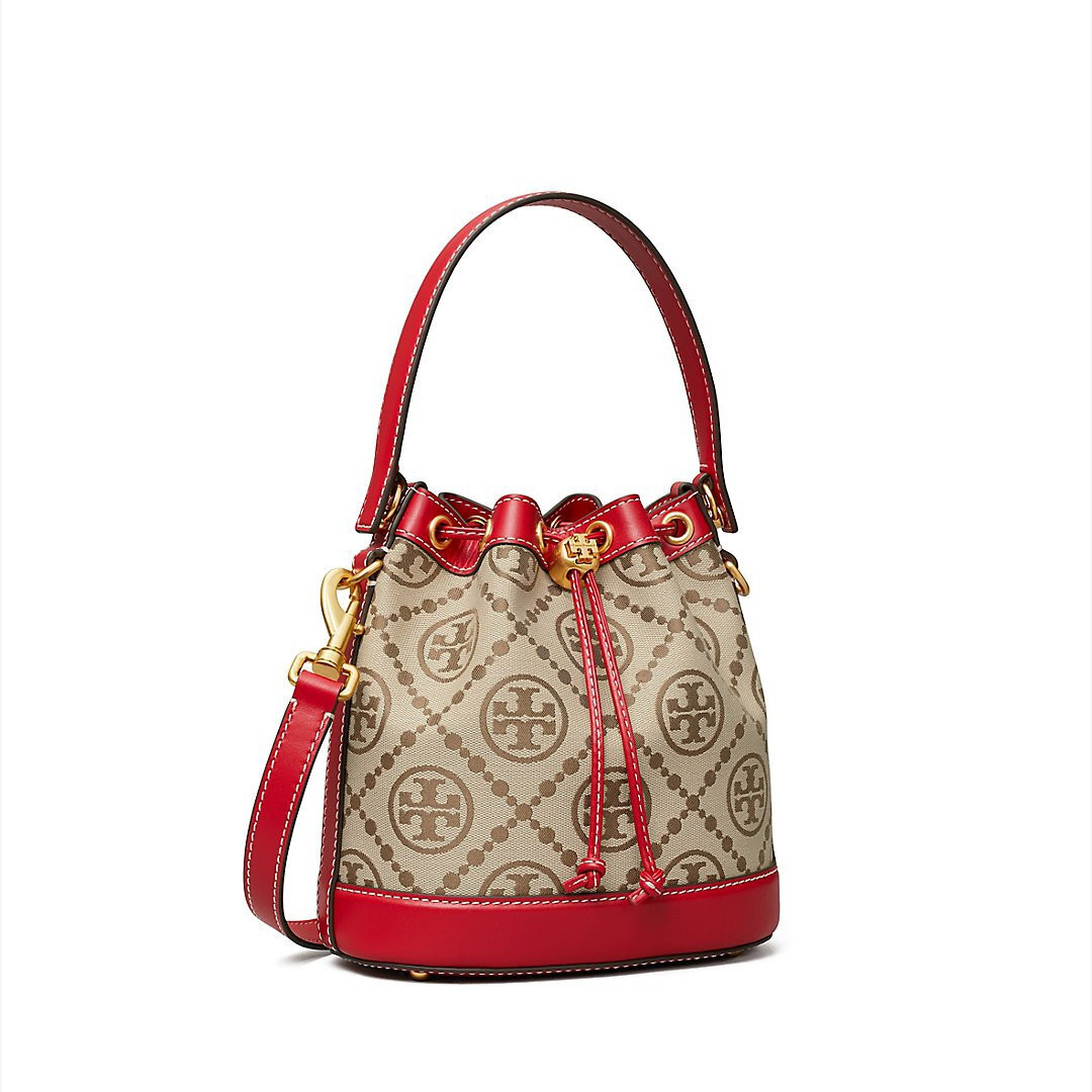 Tory Burch T Monogram Jacquard Bucket Bag- Hazelnut / Tory Red - One Size 84336