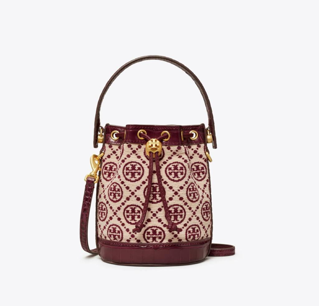 Tory Burch T Monogram Jacquard Bucket Bag - Claret / New Cream - One Size 86545