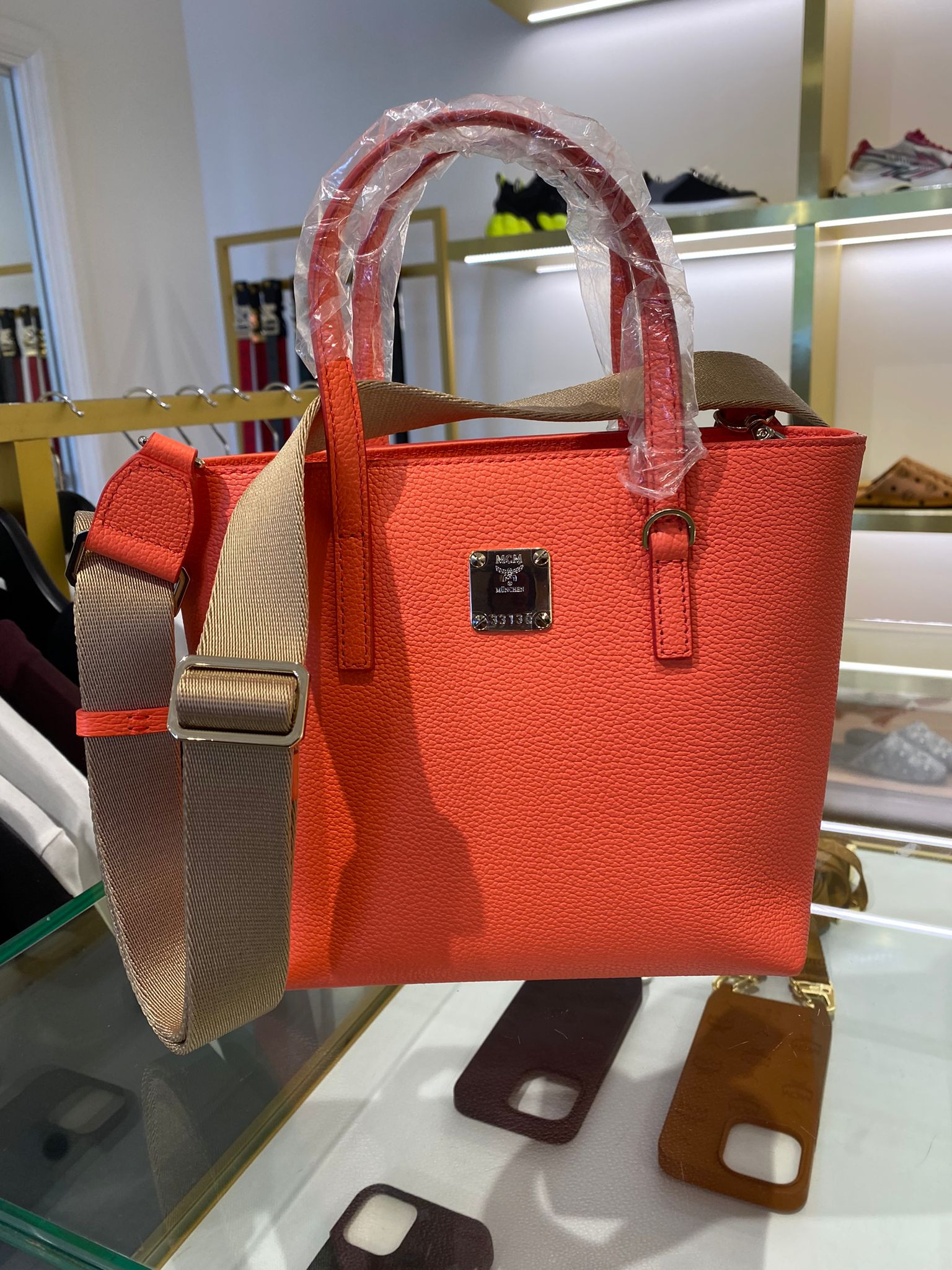 MCM Shopper Bag with long strap - Hot Coral - Mini