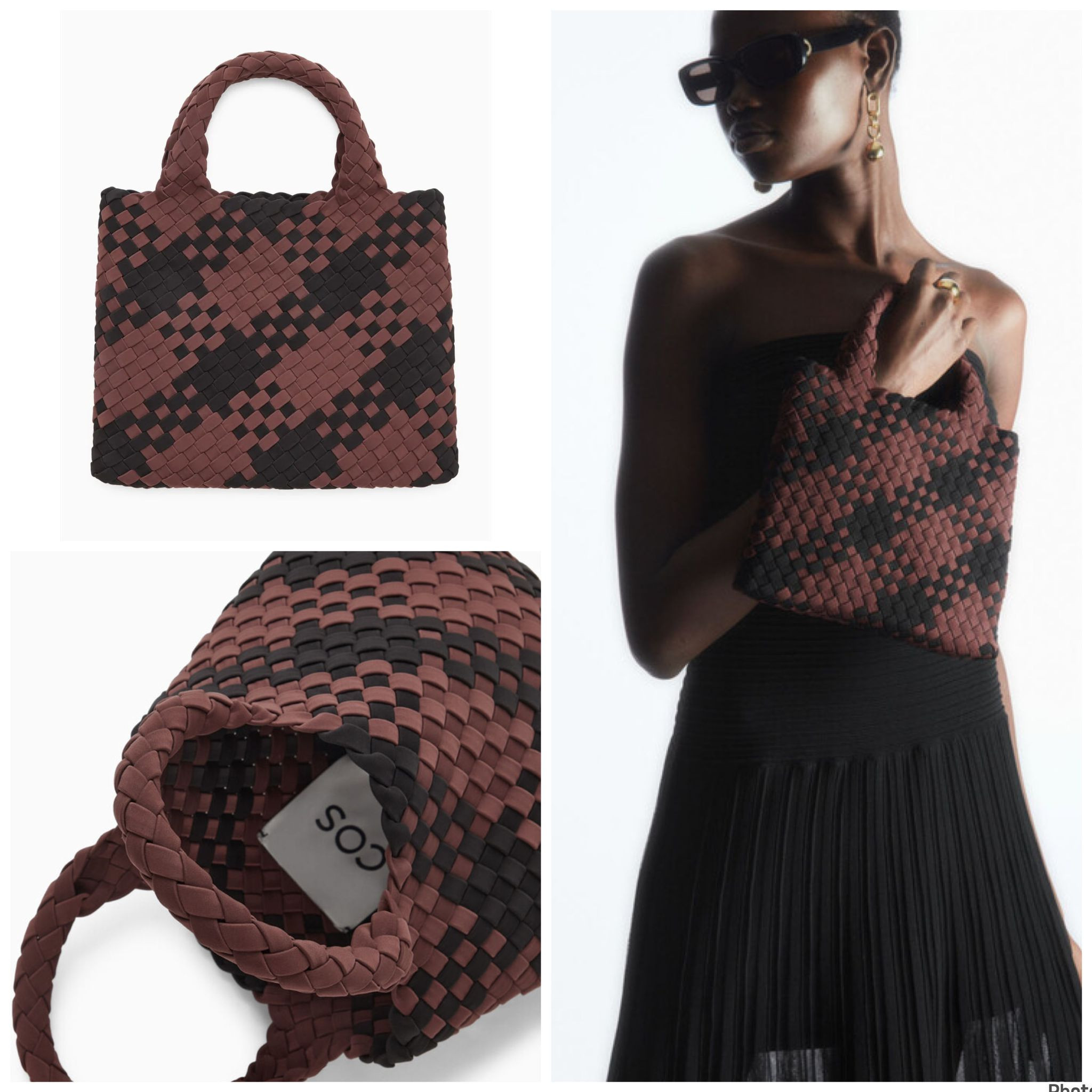 COS Checked Woven Tote Bag - Brown/Black/Checked - 26 x 21 x 2 cm