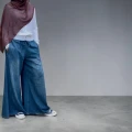 Women Denim Palazzo Trousers – Elastic Drawstring & Side Seam Pockets - Dark Blue - size M/ length 38