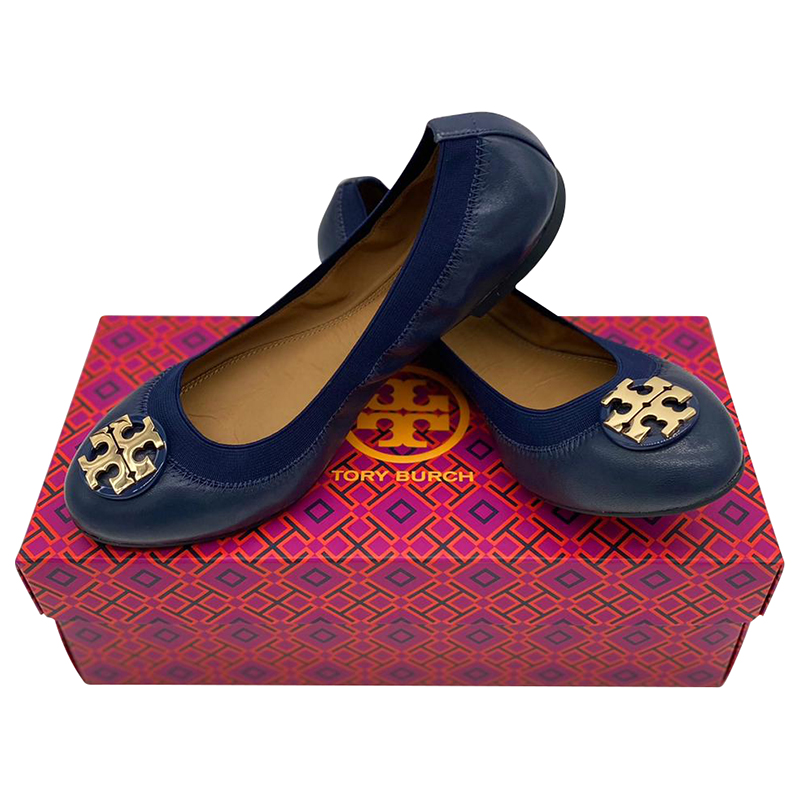TORY BURCH CLAIRE ELASTIC BALLET 61551 - ROYAL NAVY/GOLD - SIZE US 7