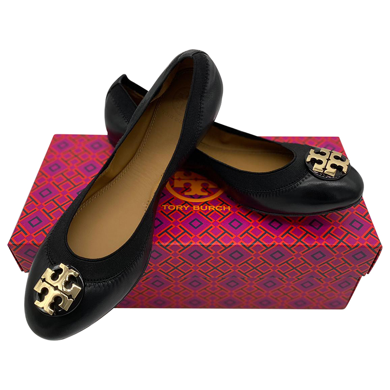 TORY BURCH CLAIRE ELASTIC BALLET 61551 - PERFECT BLACK/GOLD - SIZE US 9.5