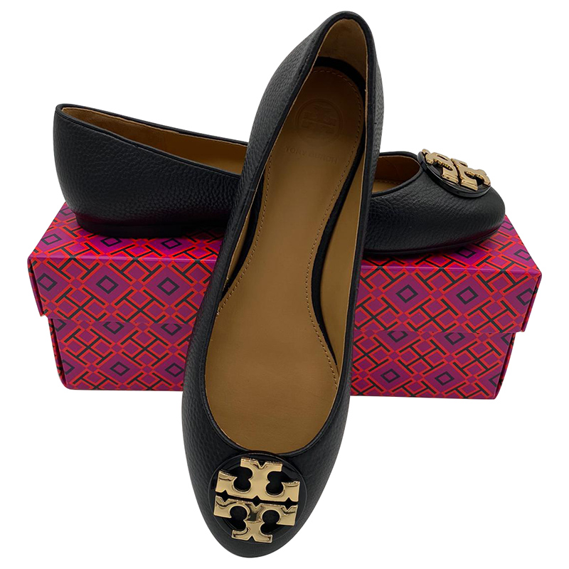 TORY BURCH CLAIRE BALLET FLAT TUMBLED LEATHER 43394 - PERFECT BLACK/GOLD - SIZE US 7.5