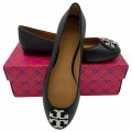 TORY BURCH CLAIRE BALLET FLAT TUMBLED LEATHER 43394 - PERFECT BLACK/SILVER - SIZE US 6