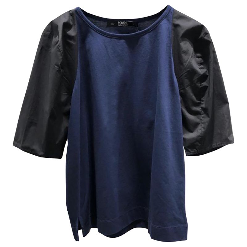 KARL LAGERFELD VOLUME SLEEVE FABRIC MIX TEE 96KW1705 - NAVY/BLACK - SIZE XS