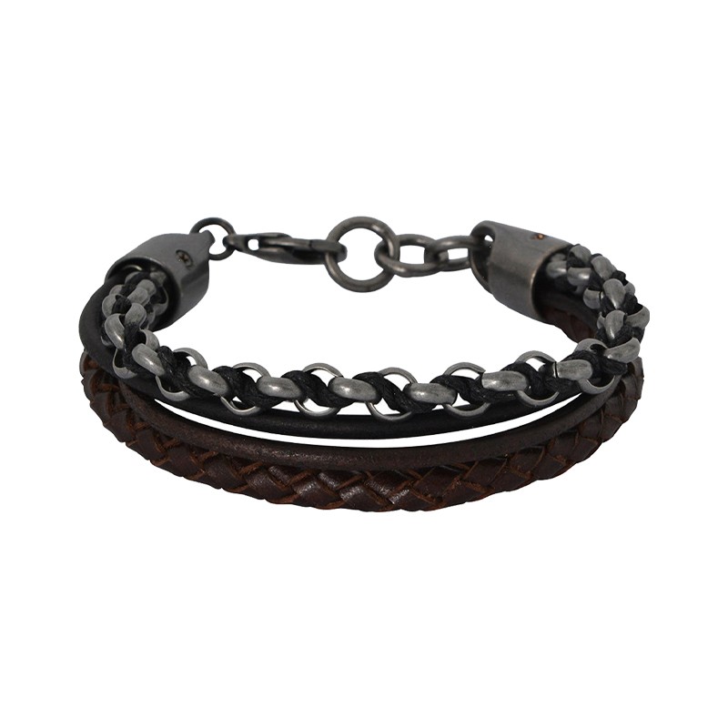 Fossil Bracelet - Black Leather and Gray Stainless Steel - JOF00393040