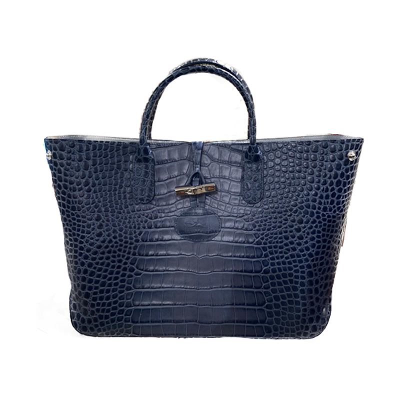 LONGCHAMP ROSEAU CROCO TOTE - PILOTE / BLUE - MEDIUM SHORT HANDLE